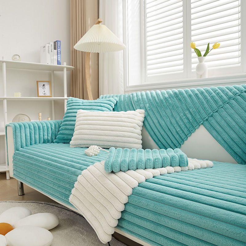 Rabbit Plush Straight Strip Sofa Cover Winter Thicken Plush Sofa Mat Couch Slipcovers for Living Room Solid Anti-slip Sofa Towel