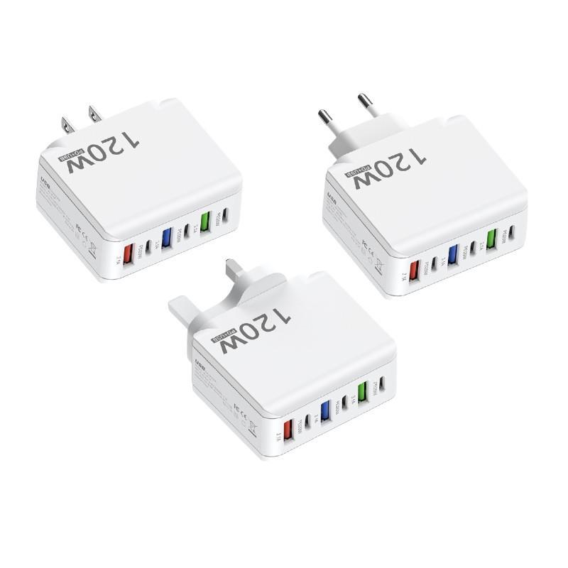 120W Multi-Port Fast Charger: 3 USB + 3 PD, US/EU/UK Compatible