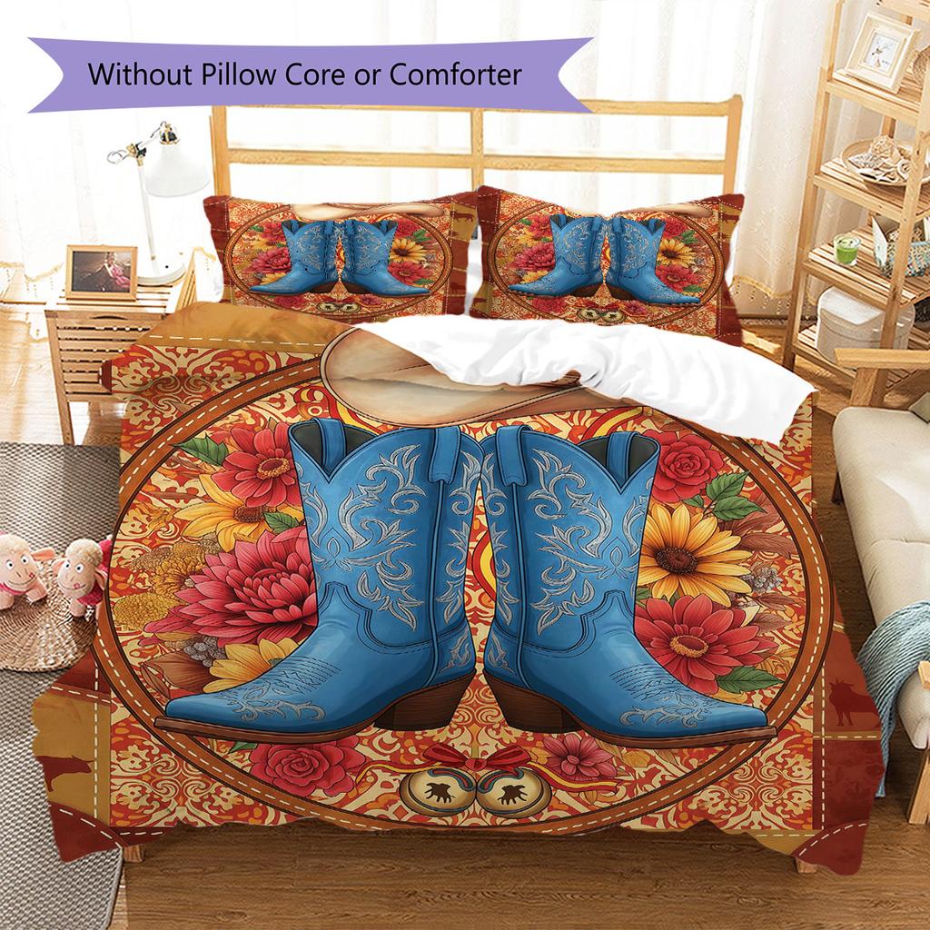CowboyBoots Pattern Bedding Quilt Set Quilt Cover Pillowcase Home Decoration Birthday Gift (1 * Duvet Cover + 2 * Pillowcase, Without Core)