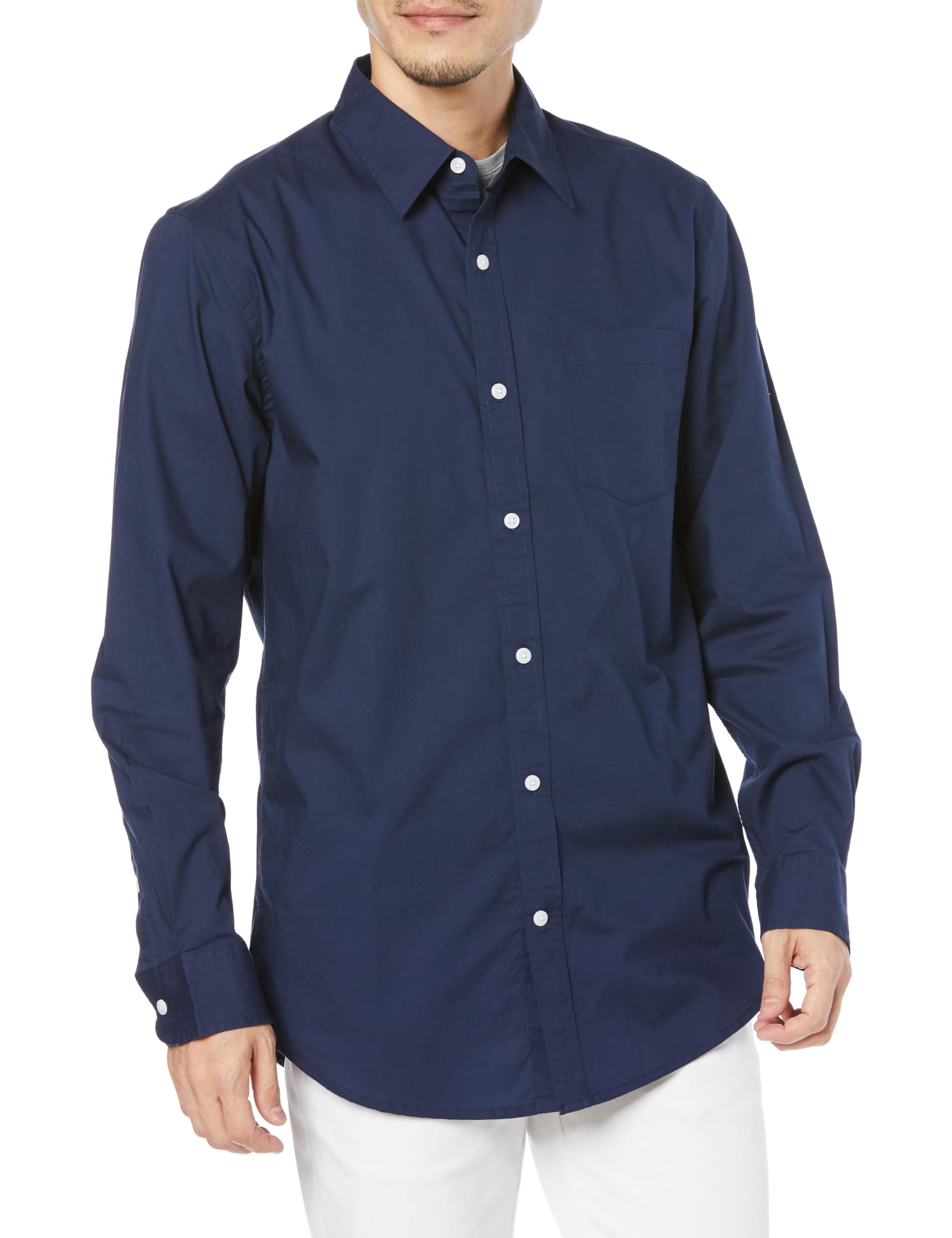 

Мужская повседневная поплиновая рубашка Amazon Essentials темно-синего цвета с длинным рукавом, стандартного кроя, размер M