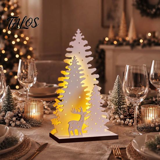 Creative Holiday Gifts Vintage Wooden Christmas Tree, LED Lighted Tabletop Centerpiece Decorations, Festive Home Party Supplies Winter Reindeer