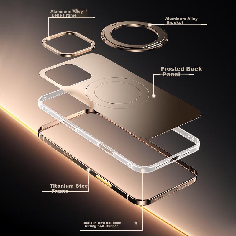Alloy Frame | Magnetic Rotating StandIPhone 16 Pro Max Case, IPhone MagSafe Compatible, Ultra-Thin Metal Shockproof Frosted - Titanium