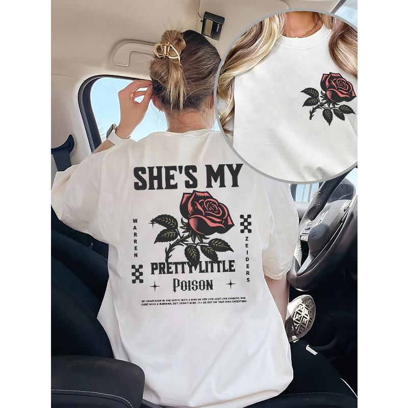 

Womens Rose Letter Graphic Tee She s My Pretty Little Poison Print Crew Neck Short Sleeve Breathable Polyester Regular Length Spring Summer Casual Top 4XL білий