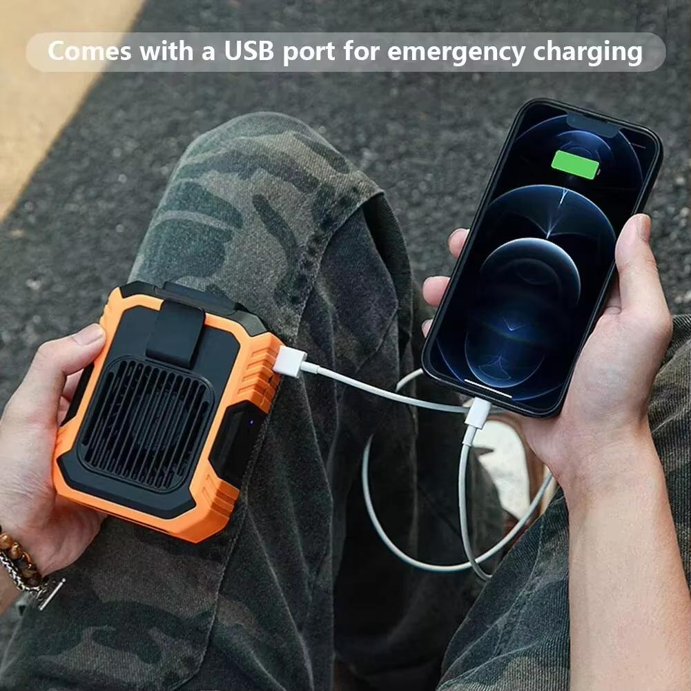 Portable 4000mAh USB Clip Hanging Waist Fan Outdoor Wearable Neck Fan with Flashlight Warning Light Cooling Feature