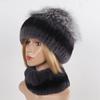 Hot Sale Women Winter Real Rex Rabbit Fur Hat Scarf Sets Natural Warm Genuine Silver Fox Fur Rex Rabbit Fur Cap Scarves 2 Pieces