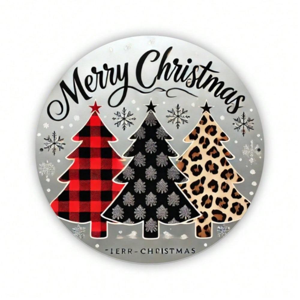 Iron Wall Art Merry Christmas Tree Wreath Leopard Print Durable Metal Decor Indoor Outdoor