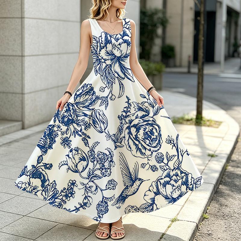 Floor-Length Sleeveless Tank Maxi Dress Blue & White,Lightweight,Flowy Swing Skirt,Perfect for Daily Outings Casual Gatherings,Fashionable & Versatile