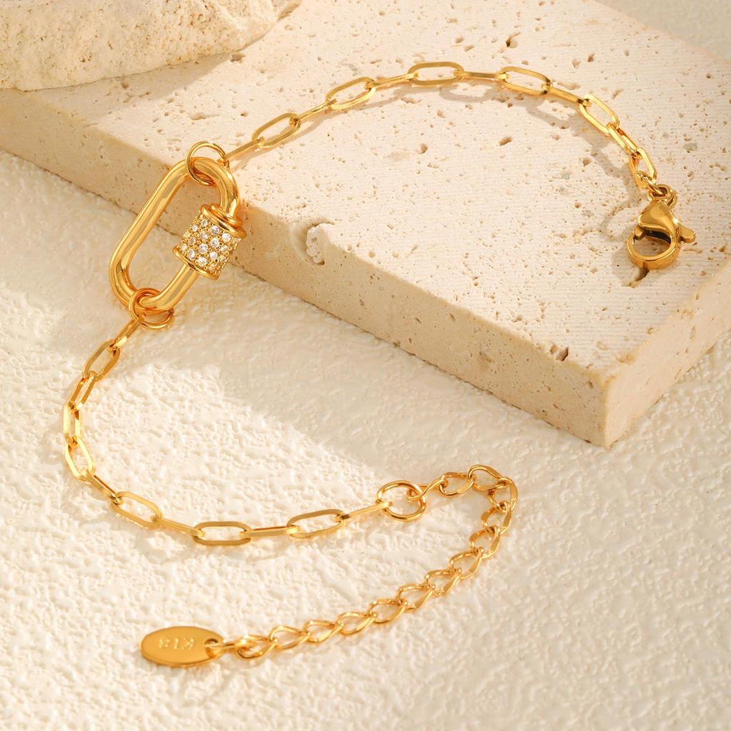 Women's Gold Clavicle Chain Necklace with Zirconia Oval Pendant and Stainless Steel Square Links