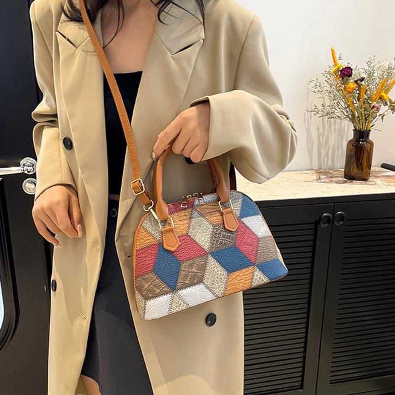 New Women Shell Crossbody Bag Contrast Color PU Leather Shoulder Bag Large Capacity for Shopping Small Handbags