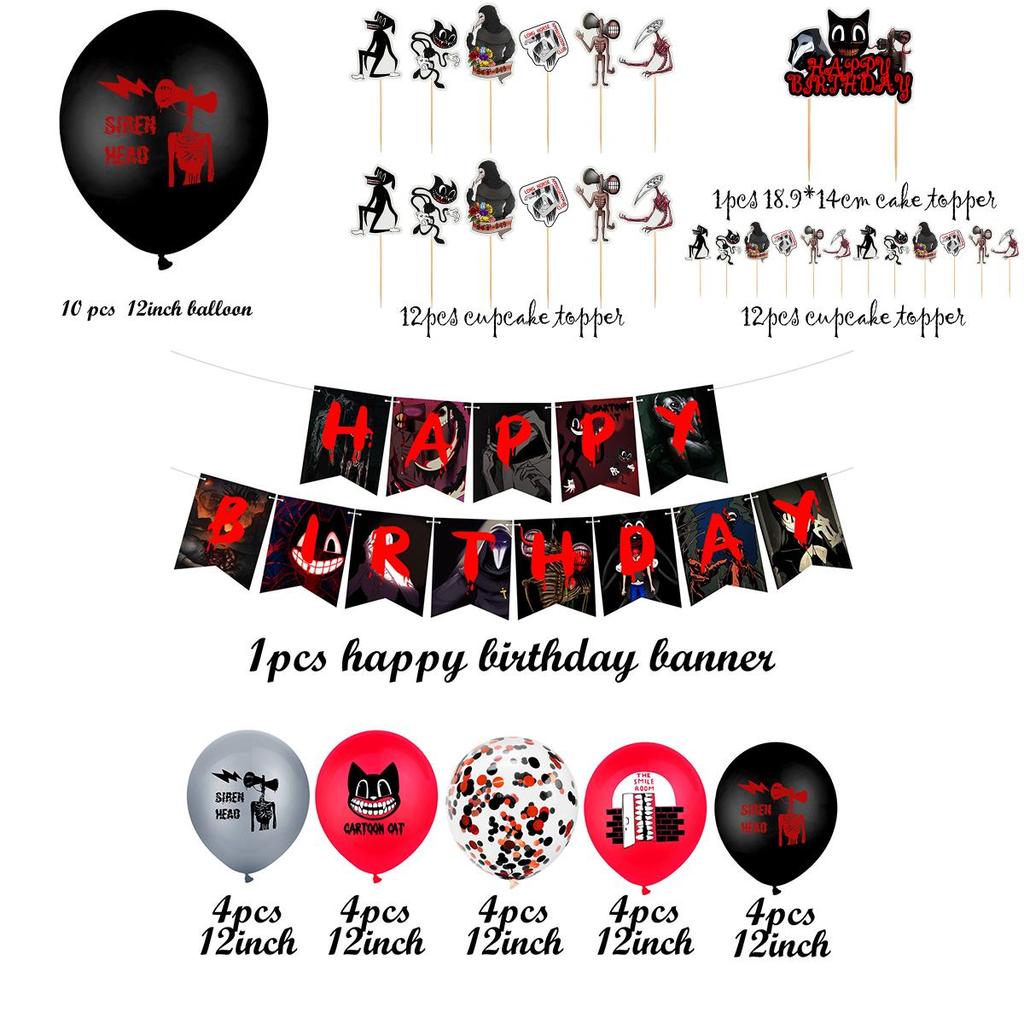 Set Detallado de Suministros para Fiesta de Cumpleaños con Tema de Terror Gato Dibujo Animado Siren Head
