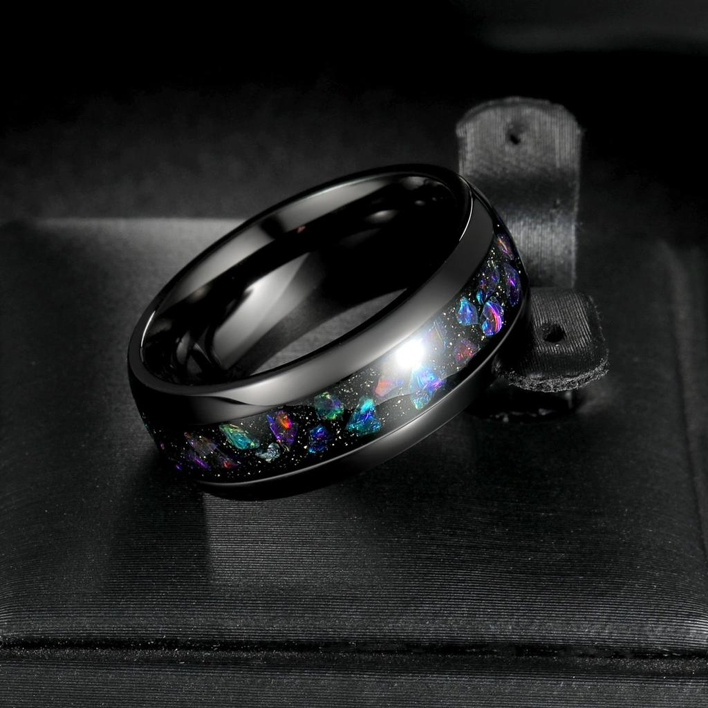Fashion 8mm Men Stainless Steel Koa Wood Rings Inlay Galaxy Colorful Opal Rings For Men Wedding Engagement Band Jewelry Gift