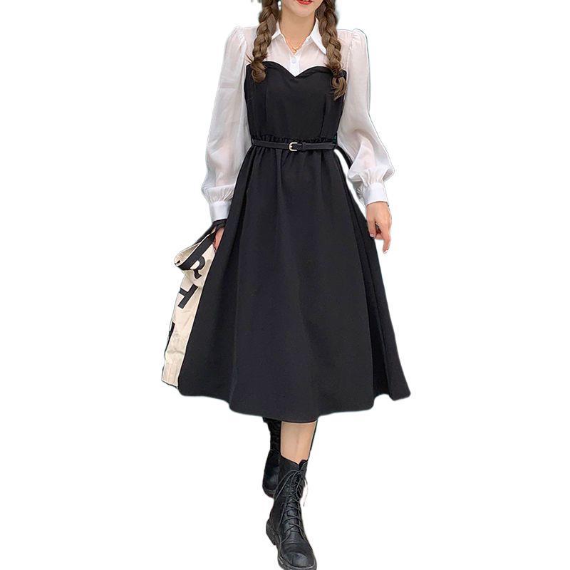 Korean Style 2026 Patchwork A-Line Dress with POLO Collar and Puff Sleeves for Autumn
