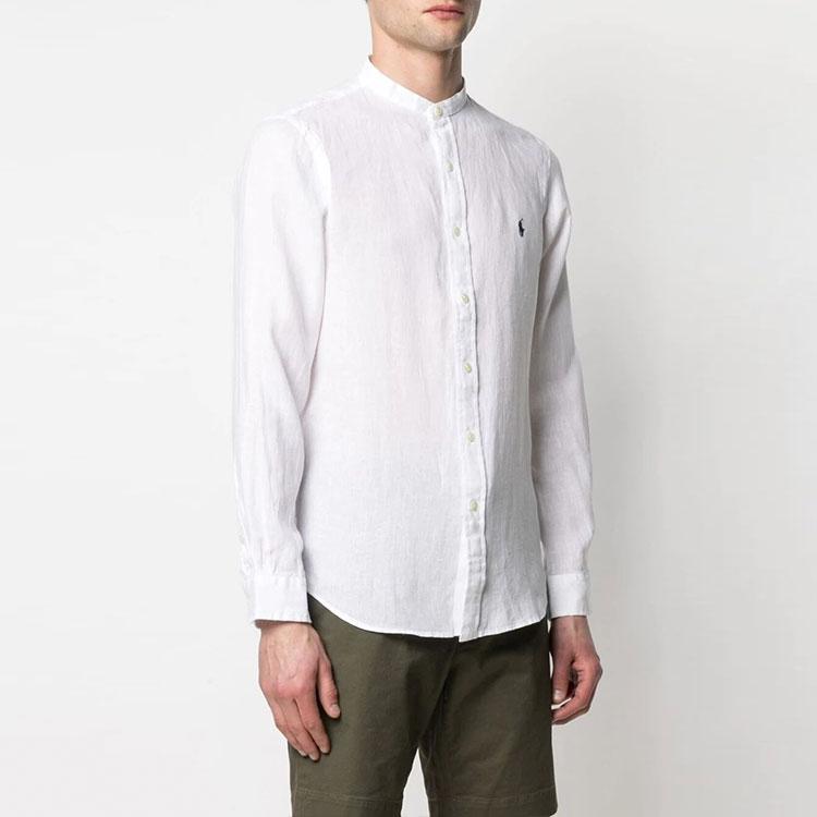 Polo Ralph Lauren FW21 Logo Embroidered Solid Color Linen Collarless Long Sleeve Shirt Men shirts White 710801500-001