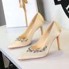 European And American Style Fashion Banquet High Heels Thin Heels Shallow Tiptoe Satin Rhinestone Super High Heels Single Shoes