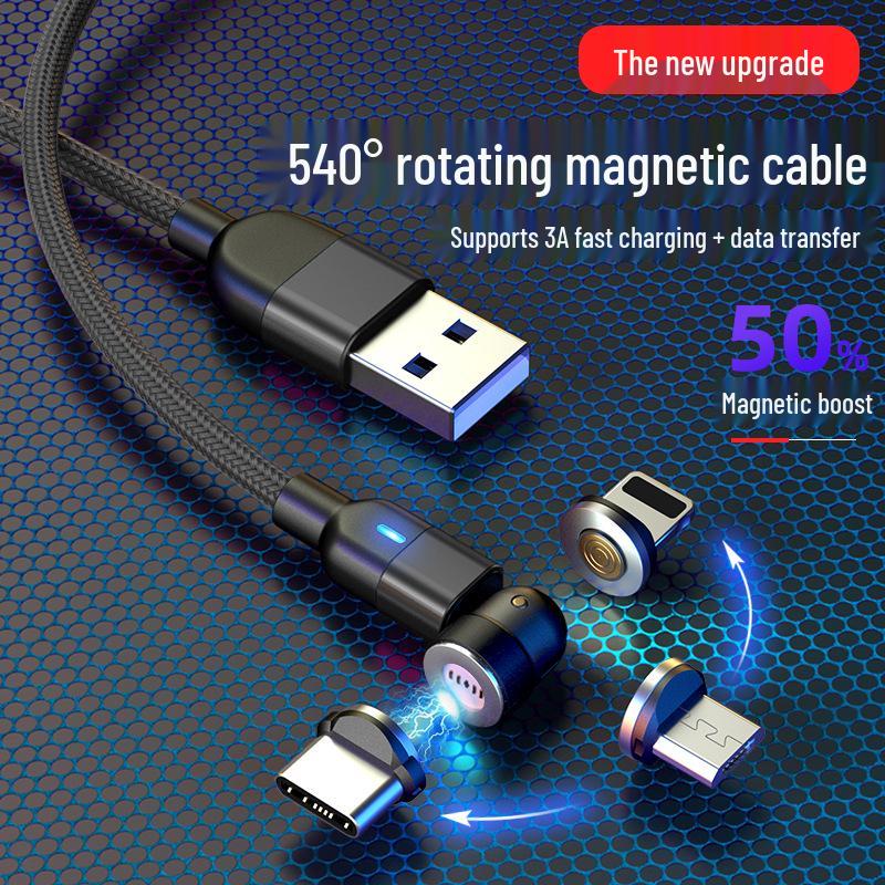 3A Fast Charging 540-Degree Rotating Magnetic USB Cable, Three-in-One Bendable Design