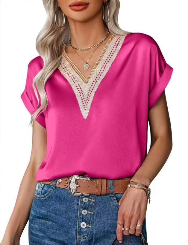 Elegant Lace Patchwork Satin V-neck Women's T-shirt - Solid Color Fashion 2026