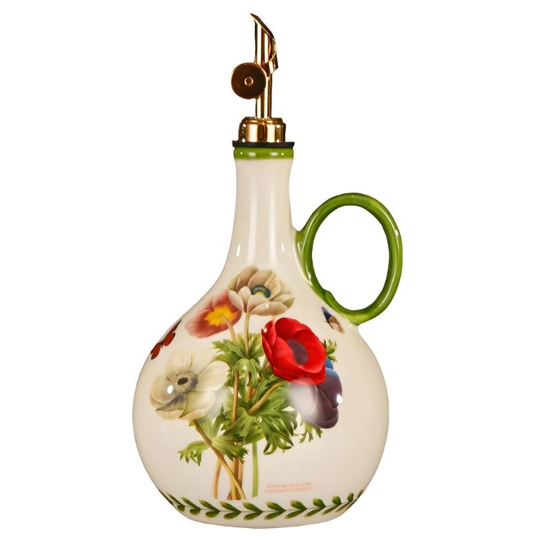Ceramic Kitchen Oil Bottle with Easy Grip and Metal Pour Lid, Counter Dispenser for Everyday Home Cooking and Display