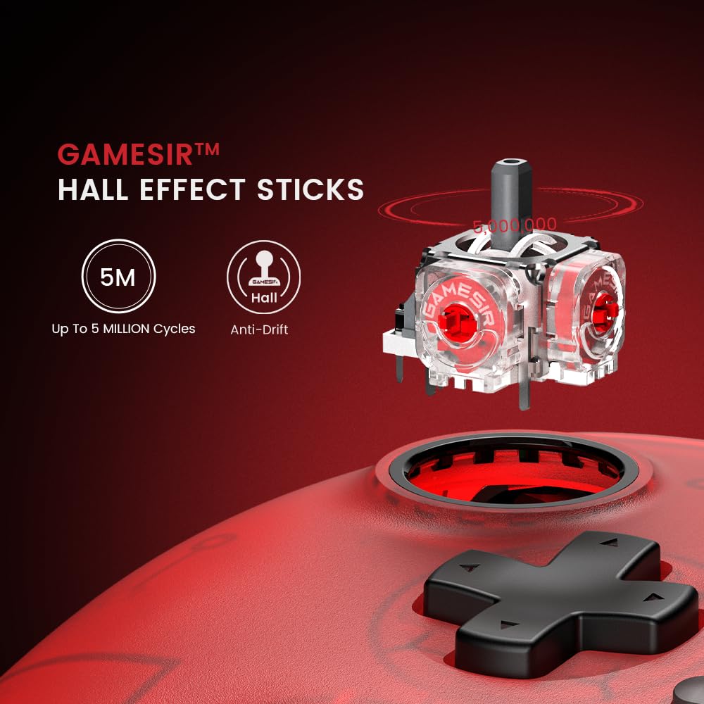GameSir T7 vezetékes játékkontroller XBOX/PC/Steamhez, multifunkcionális gamepad Hall-effektusos stickekkel és ravaszokkal, valamint 4 vibrációs motorral (Piros)