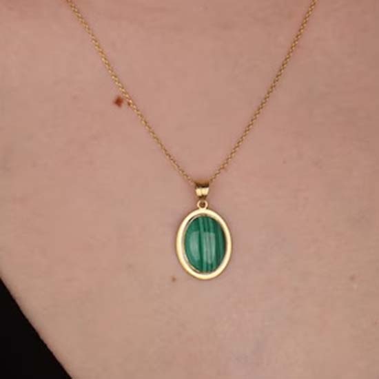 Malachite Oval Gemstone Necklace, Solid 925 Sterling Silver, Yellow Gold Necklace, Handmade Jewelry, Designer Necklace