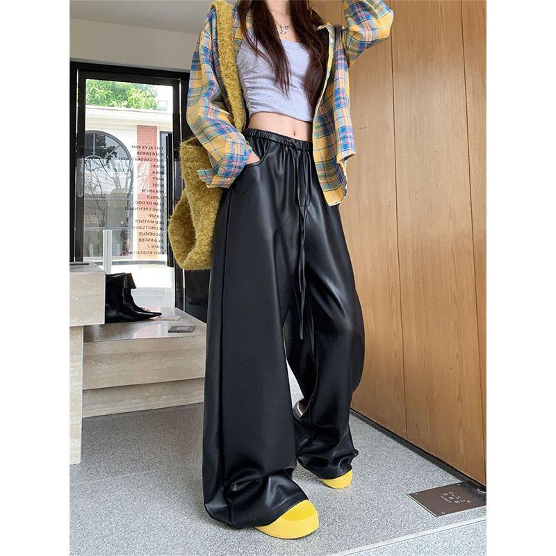 American Style Leather Pants Casual Women Autumn High Waist Straight Loose Elastic Waist Pocket Affordable Wide Leg Trousers