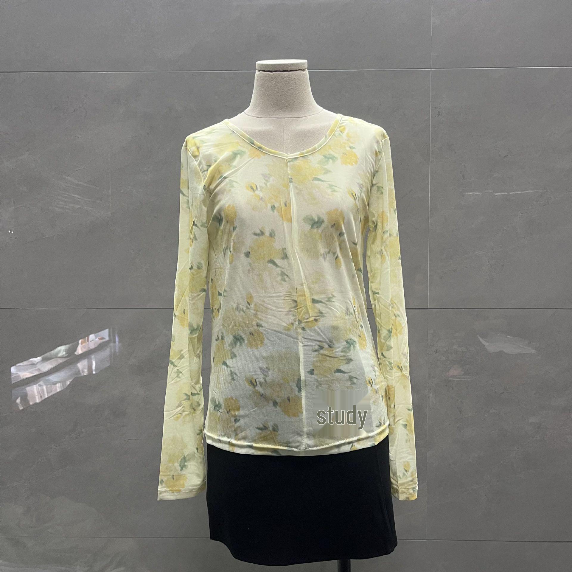 

French Lady V-Neck Mesh Floral Sun Protection Long Sleeve T-Shirt XXL (for ~135 lbs)