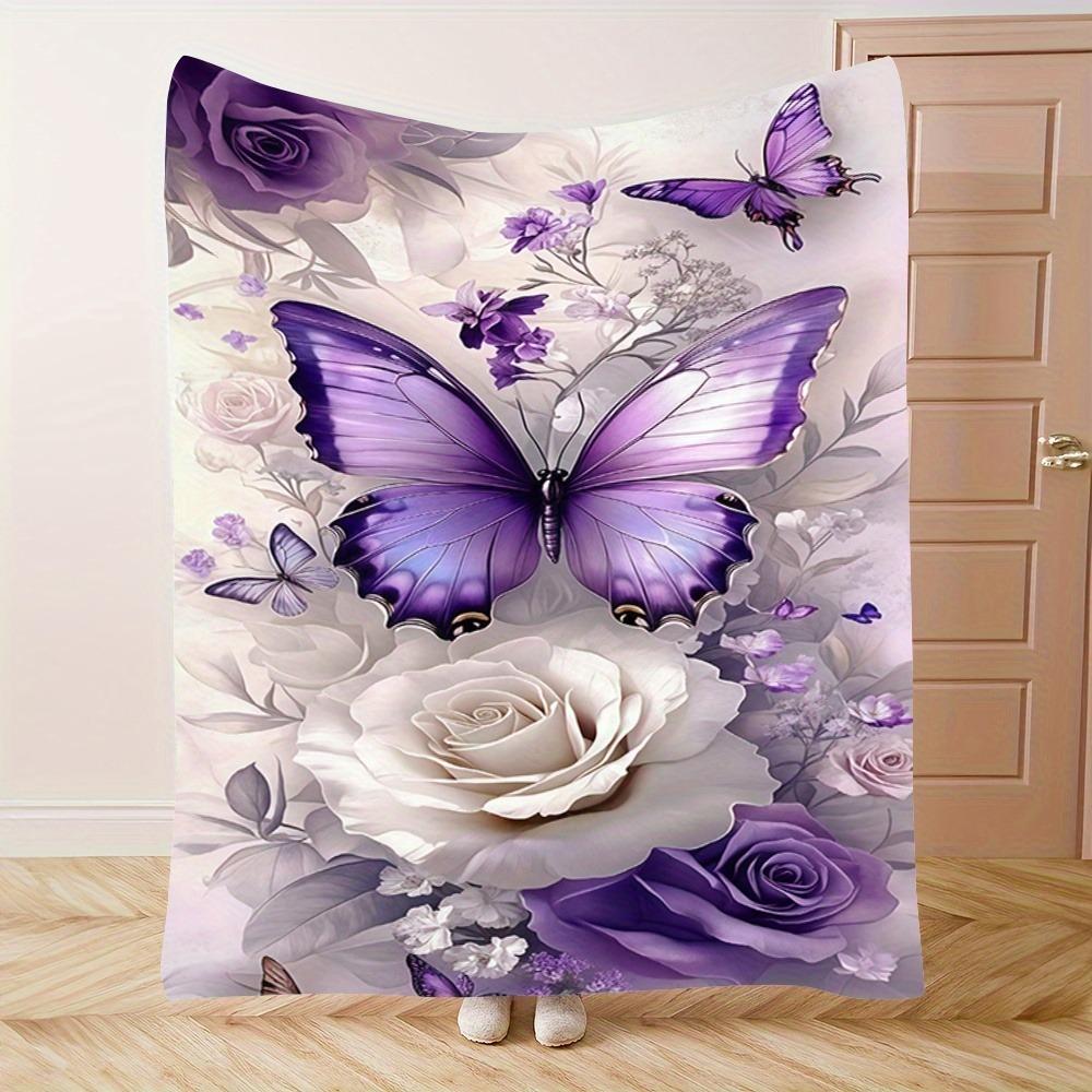 Purple Butterfly Rose Floral Throw Blanket, Soft Cozy Flannel Blanket, Romantic Home Decor Gift for Couch Bed