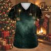 Women's Christmas Print V-Neck Short Sleeve Work Shirt with Pockets Caregiver Uniform Top