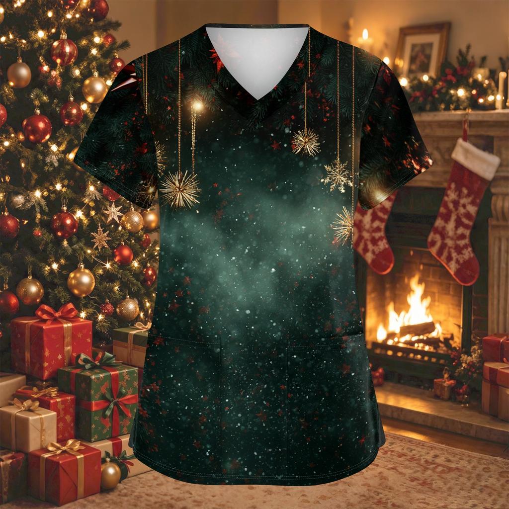 Women's Christmas Print V-Neck Short Sleeve Work Shirt with Pockets Caregiver Uniform Top