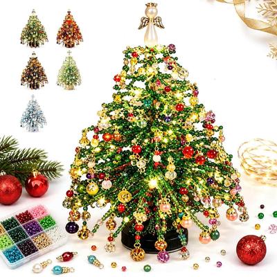 Colorful DIY Beaded Christmas Tree Kit Crystal Holiday Craft Set For Adults Ornament Charms Metal Frame Angel Topper Warm Glow Display Tabletop Deco
