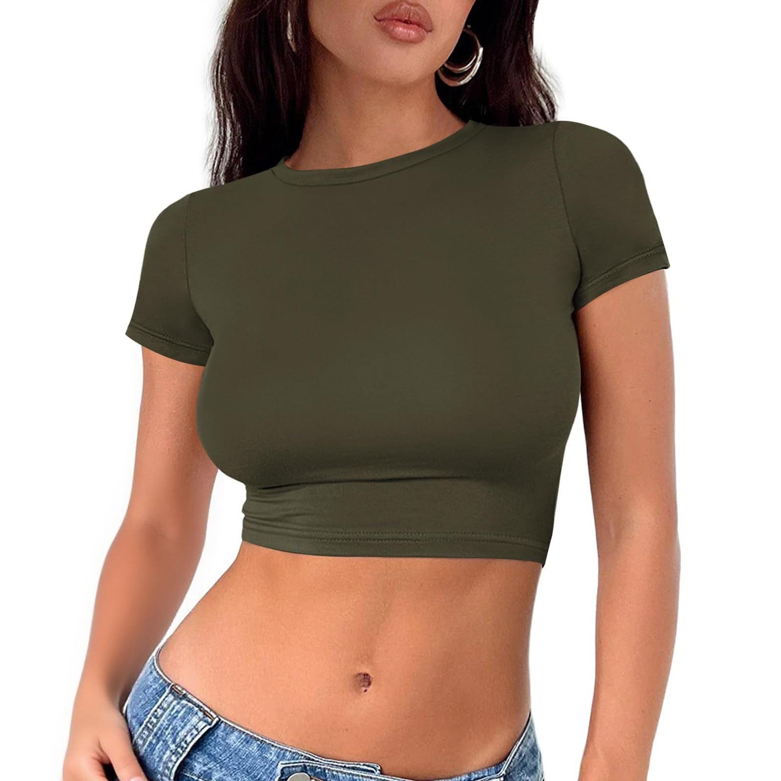 

Women s Fashion Round Neck Neckless T-Shirt Slim Solid Colour Short Sleeve Top L армія зелений колір