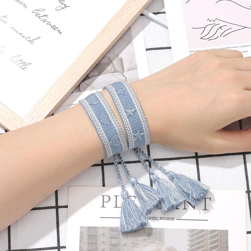 Women's Handwoven Star & Heart Tassel Bracelet with Personalized Embroidery