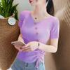 Women's Ice Silk V-neck Tie-Up Short-Sleeve Knitted Top, 2025 Summer Slim-Fit Button Pullover
