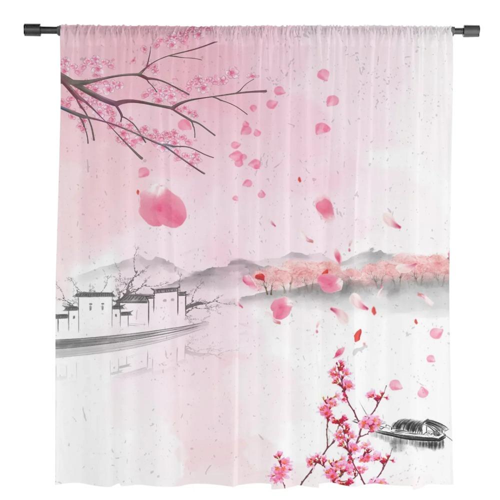 Watercolor Pink Cherry Blossom Ink Chiffon Sheer Curtains for Living Room Bedroom Decoration Window Voiles Tulle Curtain Drapes