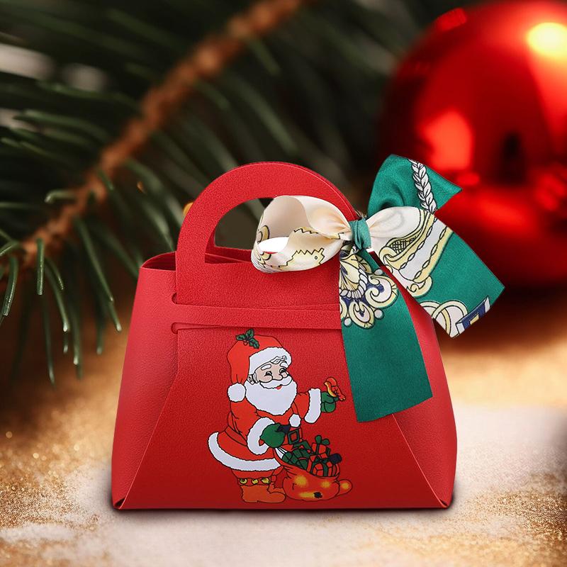1PC Xmas Party Decor Hand Gift Bag Christmas Candy Boxes Santa Claus Print PU Leather Candy Box
