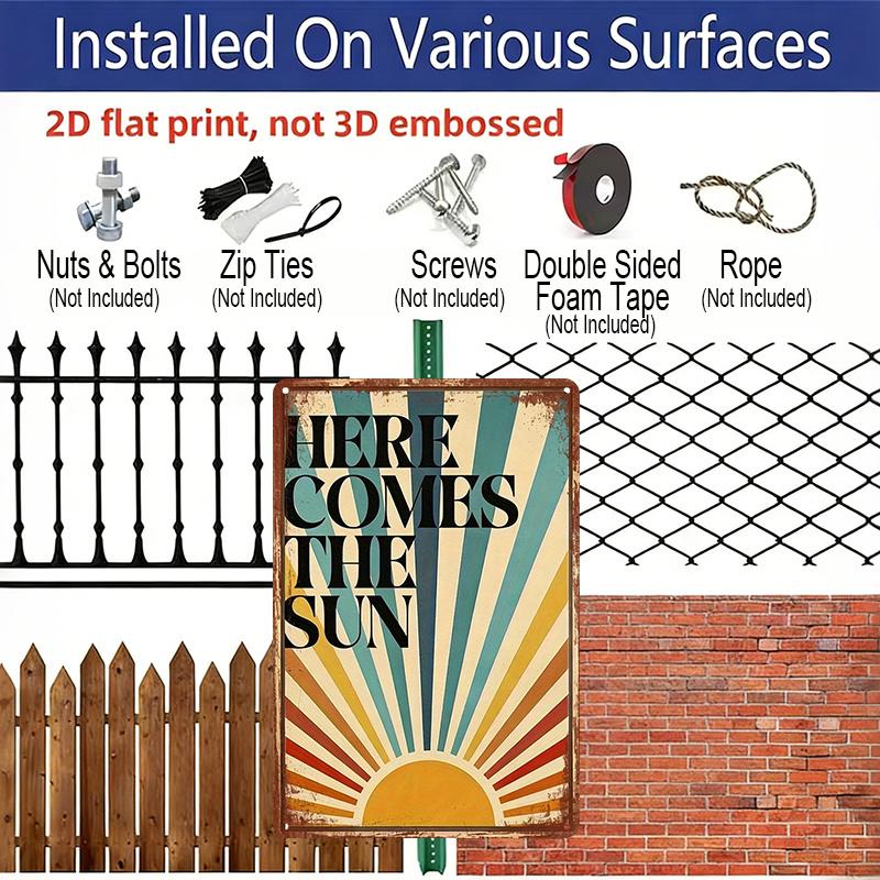 2D Flat, 1pc Retro "Here Comes The Sun" Metal Wall Sign - Retro Motivational Quote Aluminum Sign, Indoor/Outdoor Decoration Suitable for Home