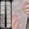 12grids White Mini Pearls & Silver Alloy Caviar Beads Nail Charms 3D Round Clear Nail Rhinestones Flatback Resin Nail Supplies
