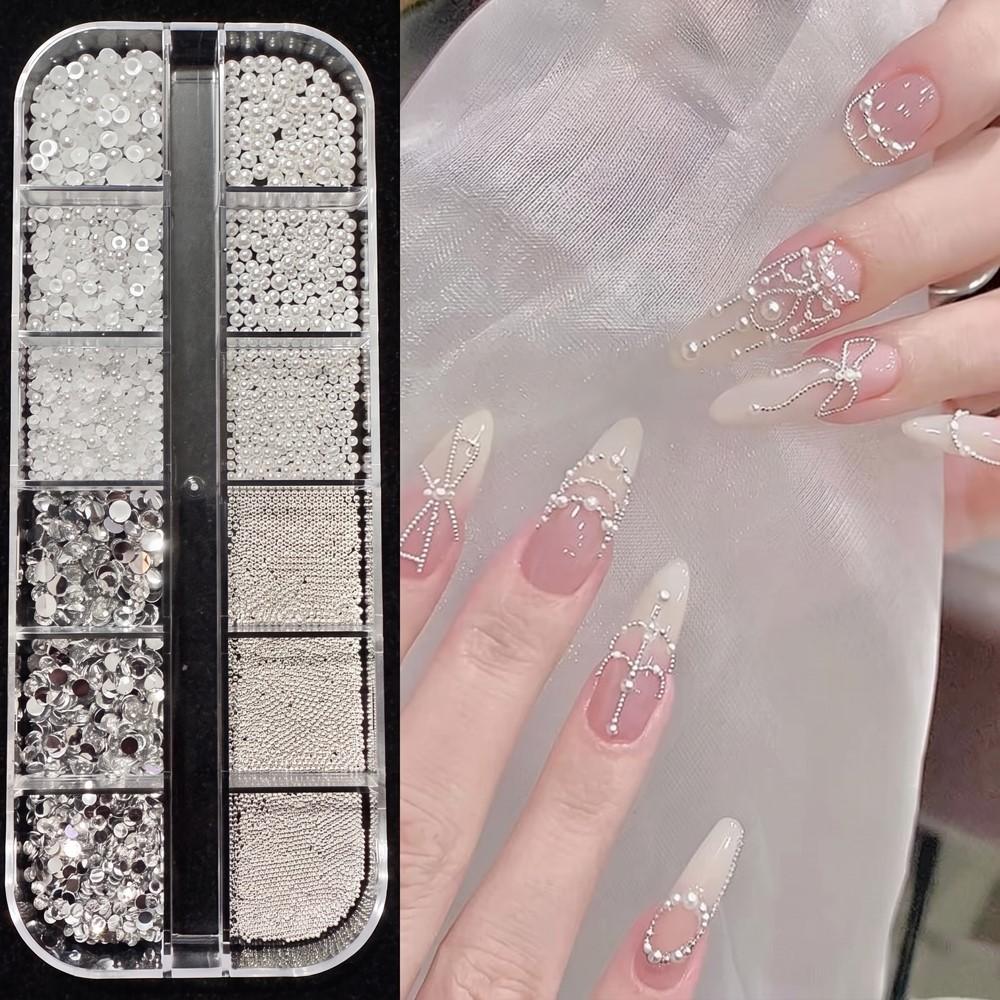 12grids White Mini Pearls & Silver Alloy Caviar Beads Nail Charms 3D Round Clear Nail Rhinestones Flatback Resin Nail Supplies