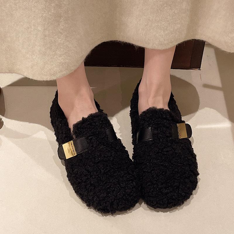 Flat bottom fluffy shoes women's winter plush lazy cotton shoes warm plush beanie shoes