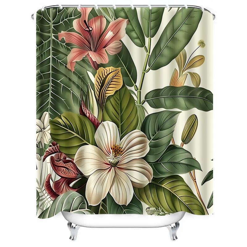 Exotic Tropical Plant Shower Curtain - Vibrant Floral Design For Bathroom Decor - Durable Waterproof Fabric With Rustproof Hooks