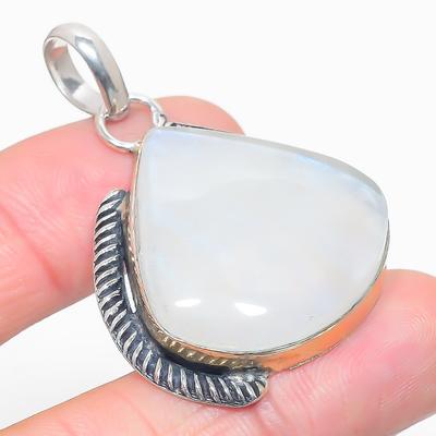 Natural Rainbow Moonstone Stone Two Tone 925 Sterling Silver Pendant 1.89" B4m23