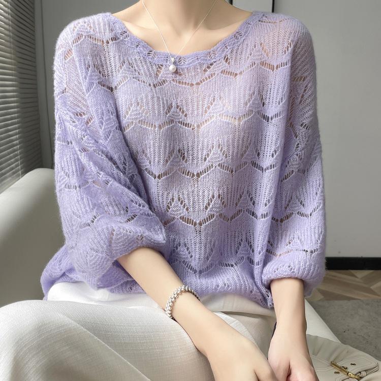 Women's Cashmere Round Neck Crochet Knit Sweater - Loose, Short-Sleeve, Hollow Design.