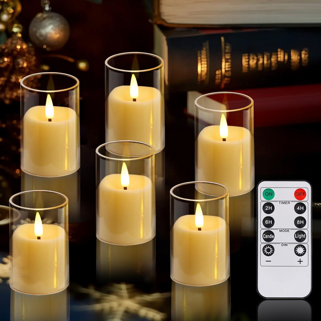 Set of 6/12 Acrylic Flameless Flickering LED Candles with Remote & Timer 3D Wick Pillar Electronic Candles for Wedding Christmas