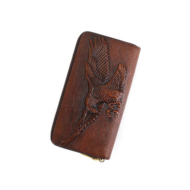 Wallet Men's Pure Cowhide Vintage Embossed Long Zipper Personality Clutch Bag Large Capacity Money Clip