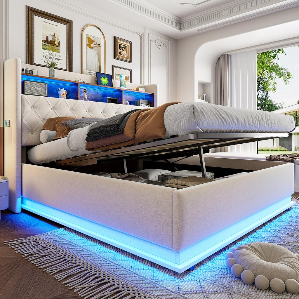 LED Gestoffeerd Bed 180 x 200 cm, Gestoffeerd Opbergbed met USB-oplaadpoort en Hydraulische Opbergruimte, Huidvriendelijke Linnen Stof, Beige
