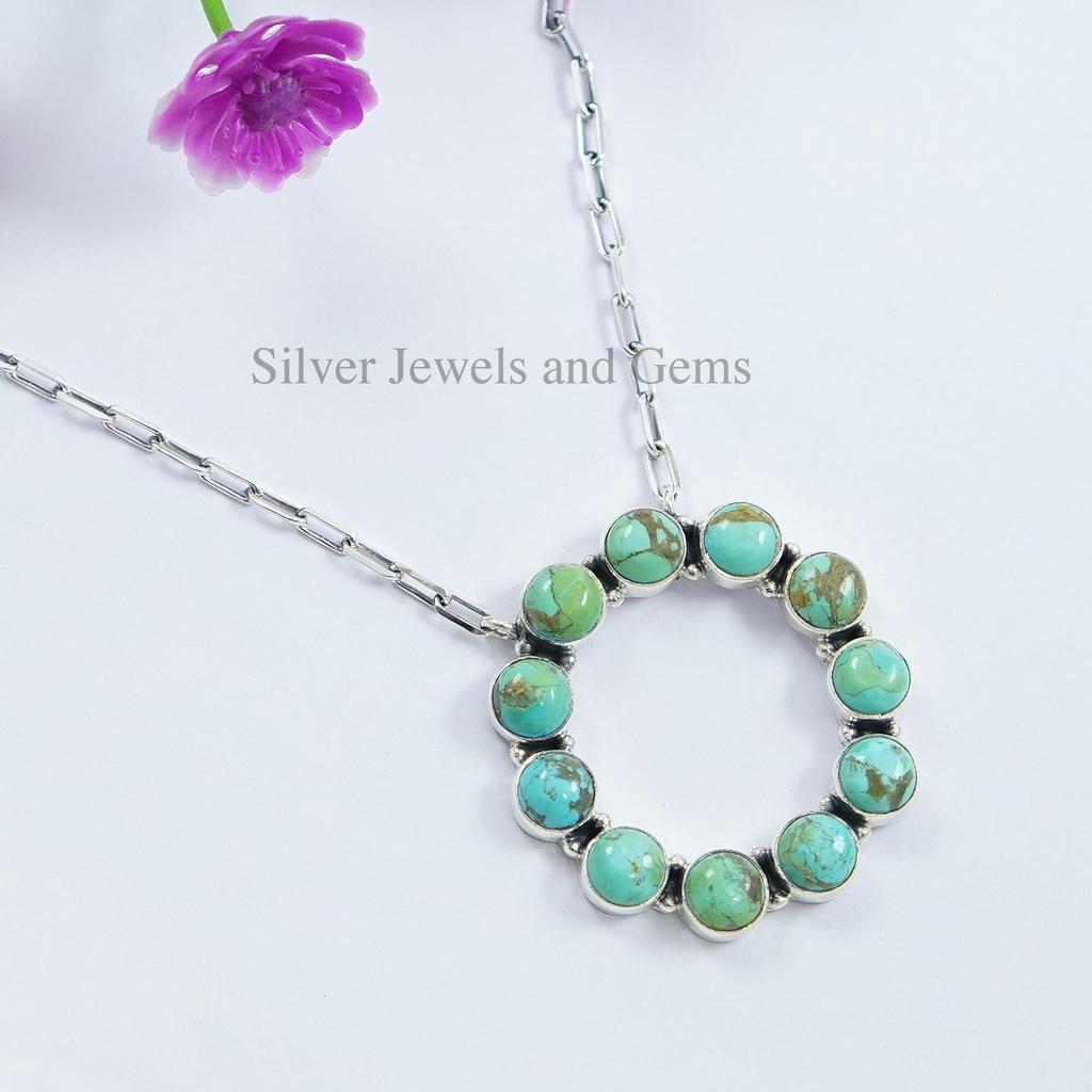 Arizona Turquoise Round Pendant, 925 Sterling Silver Paperclip Chain Necklace
