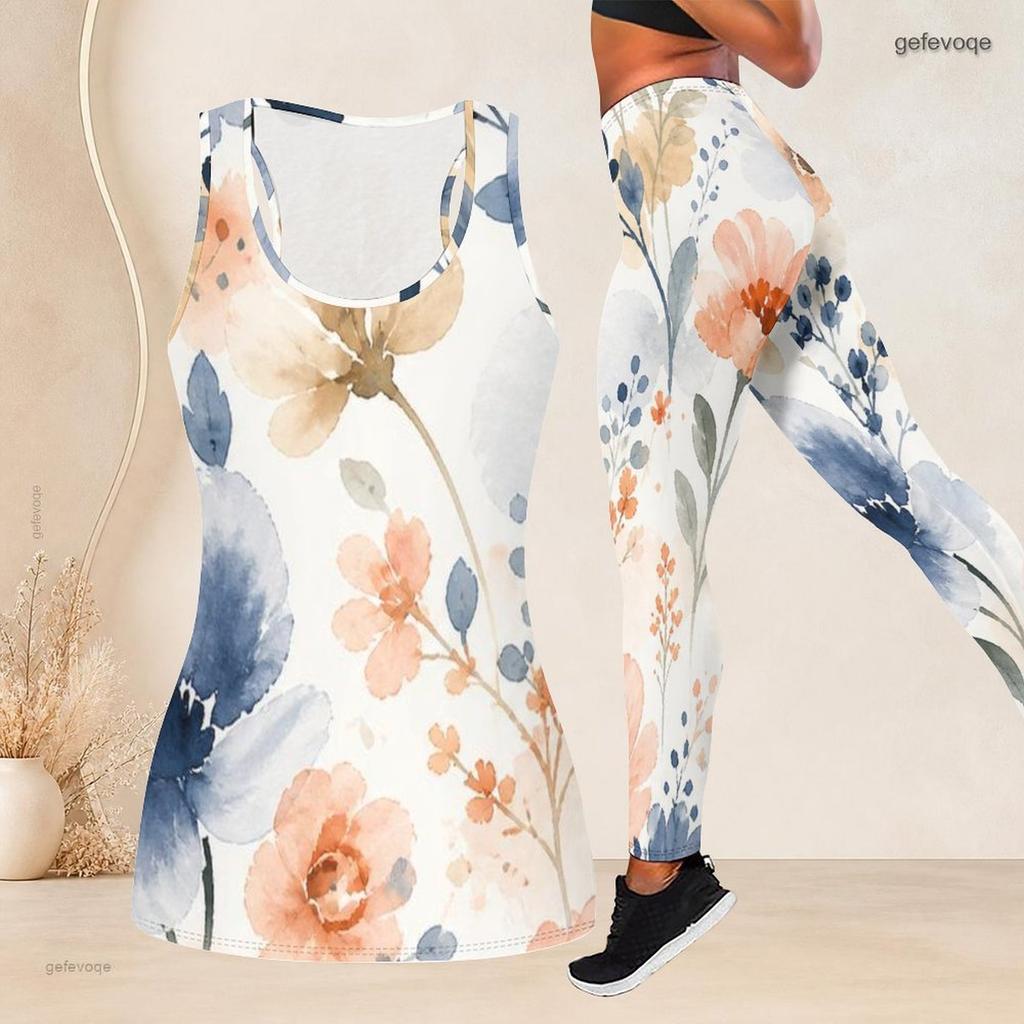 Women Plus Size Two Piece Set Scoop Neck Sleeveless Floral Printed Longline Tank Top Fitted Pants