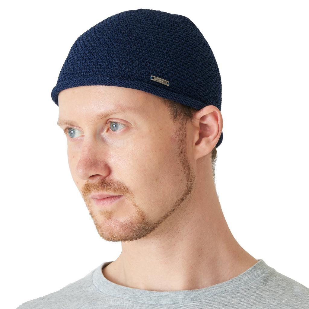 CHARM Linen Stretch Islamic Hat Shallow Islamic Hand Men's [Free Size/Navy] Hat, Washable, Fall/Winter