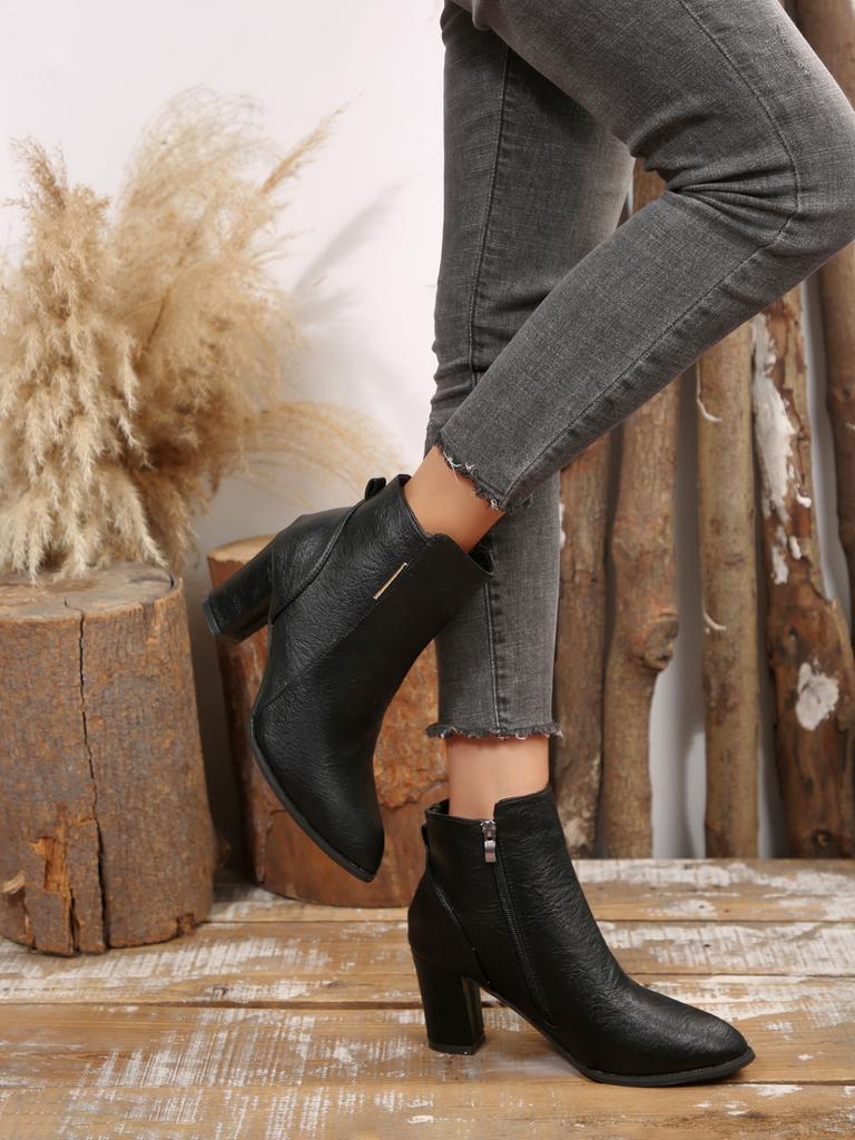 Módní dámské podzimní zimní retro boty na silném vysokém podpatku s bočním zipem, krátké boty ve velkých velikostech, jednoduché pohodlné dámské boty