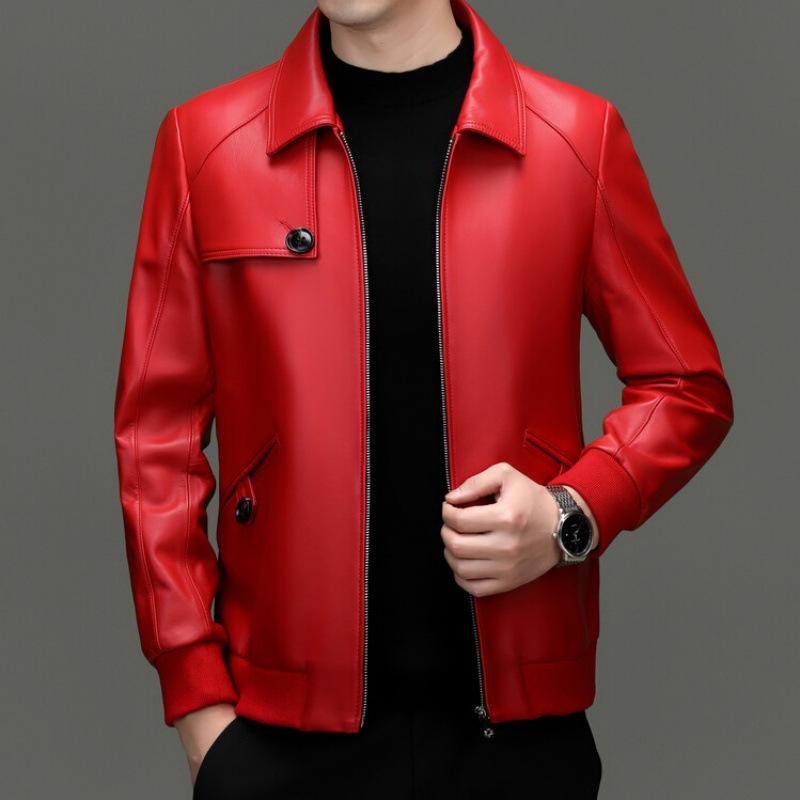 Autumn red leather leather jacket men's lapel suede jacket locomotive men's business jacket solid color leather jacket