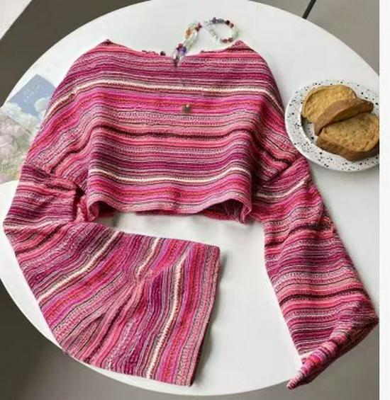Women's Long Sleeve Round Neck Multicolor Striped Crop Top with Hollow Design